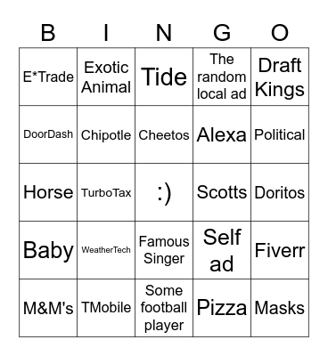Super Bowl Commercial Bingo 2021 Bingo Card