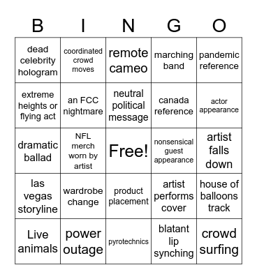 Halftime Bingo Card