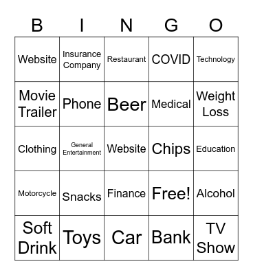 Super Bowl 55 Commercial Bingo Card