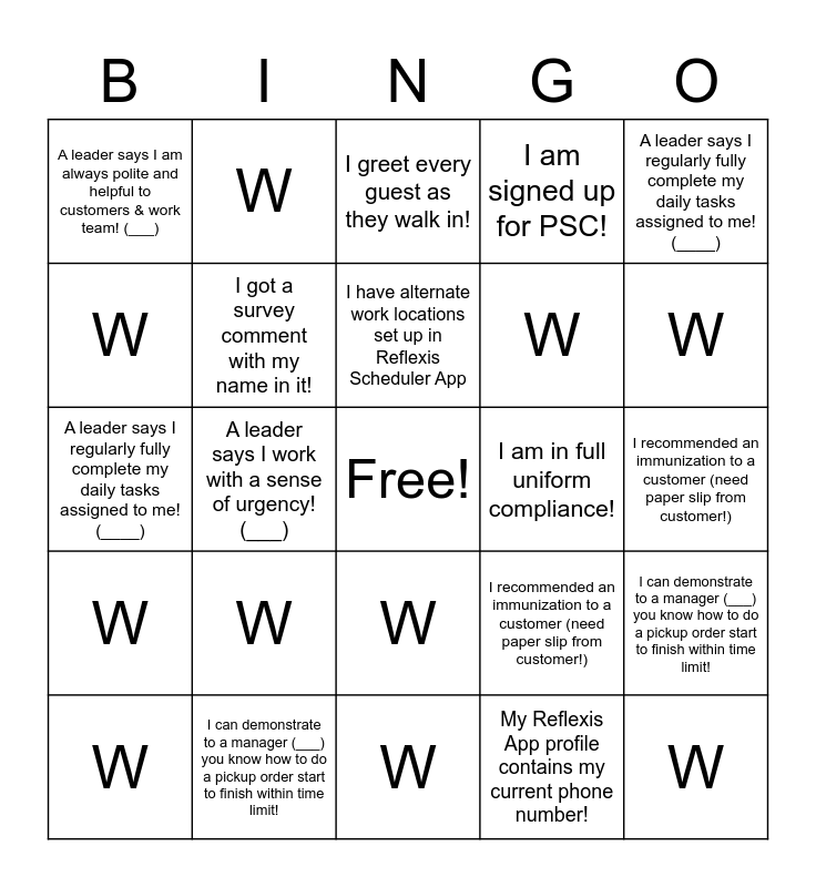 Walgreens Skill & Will Bingo Card