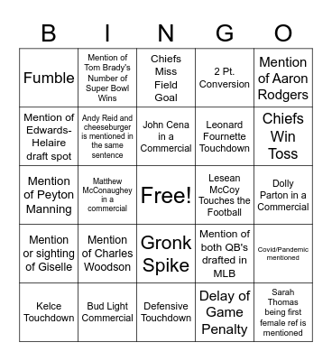 2021 Super Bowl Bingo Card
