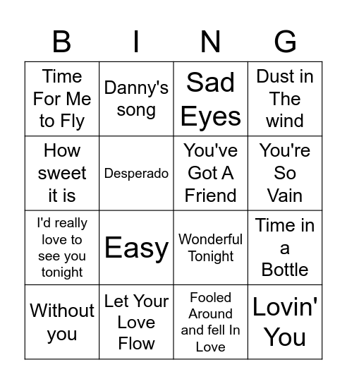 70s Love Songs Bingo Card