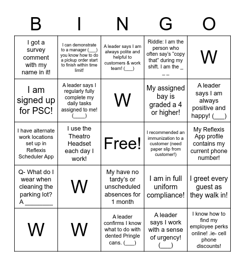 Walgreens Skill & Will Bingo Card