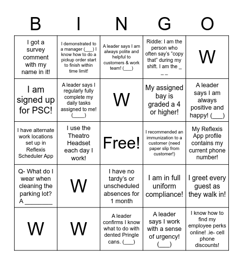 Walgreens Skill & Will Bingo Card