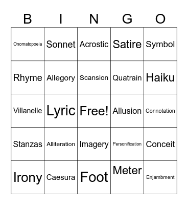 Poetry Bingo Card