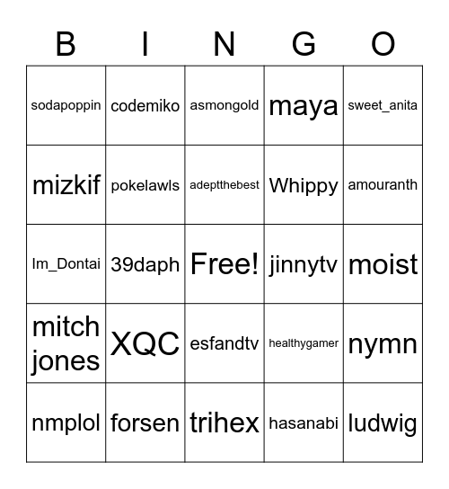 Twitch Swear Words Bingo Card