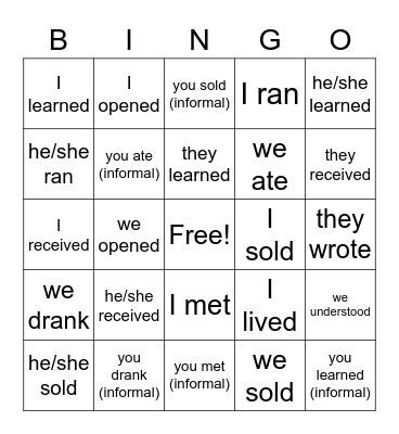 Preterite -ER & -IR Verbs Bingo Card