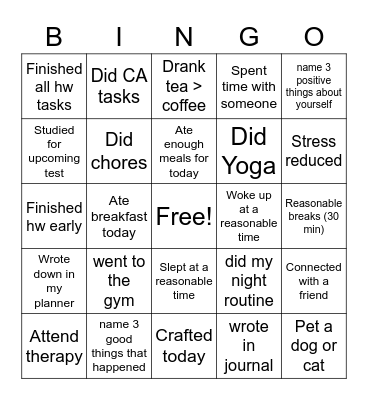 Caitlin's Mental Health Bingo Card