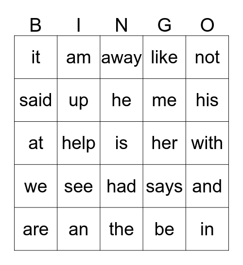 Sight words 1 Bingo Card