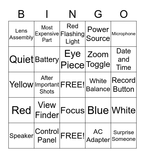 Camera Parts Bingo Card