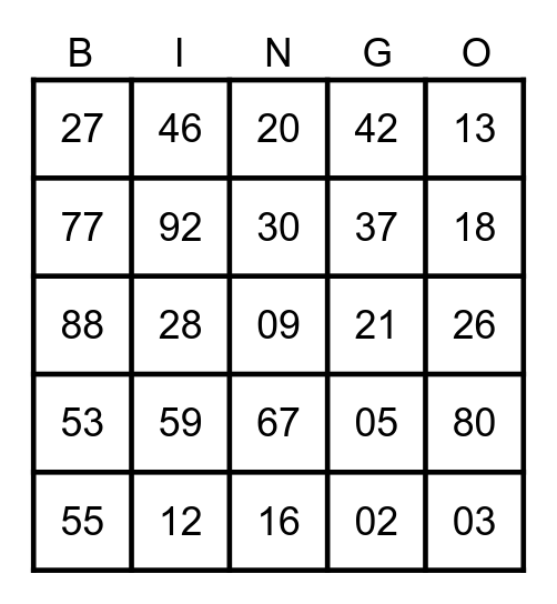 Number Bingo Card