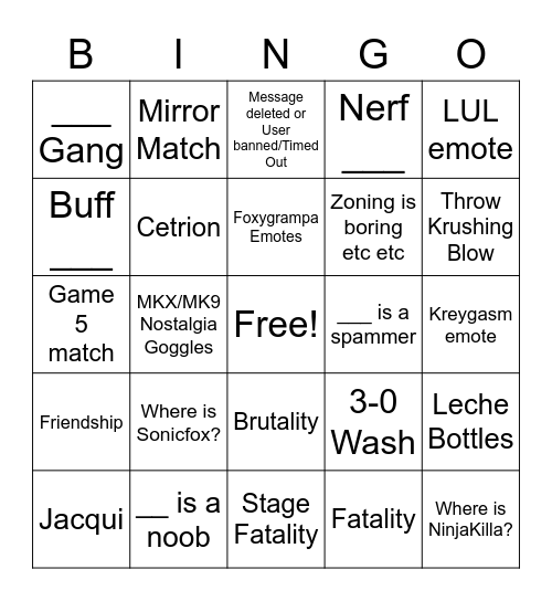 MK11 Online Tournament Bingo Card