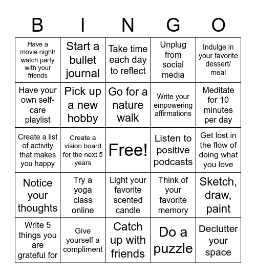 Self-care Bingo Card