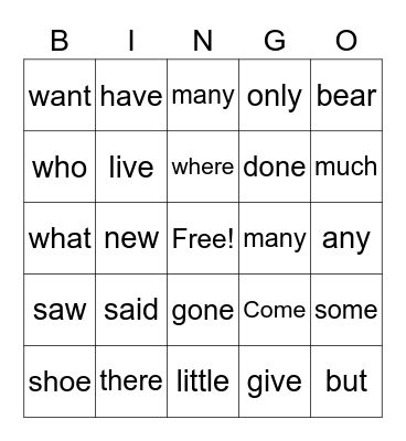Sight words BINGO! Bingo Card