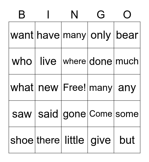 Sight words BINGO! Bingo Card
