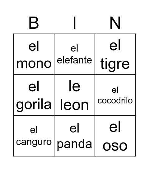 Animales Bingo Card