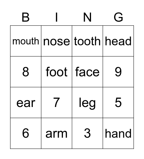 Body Part Bingo Card