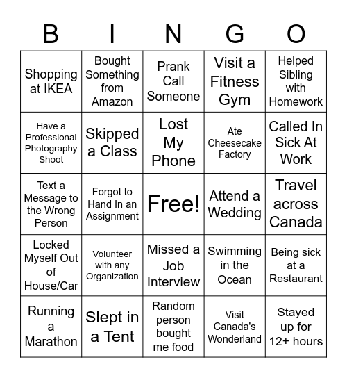 I Did It Bingo Card