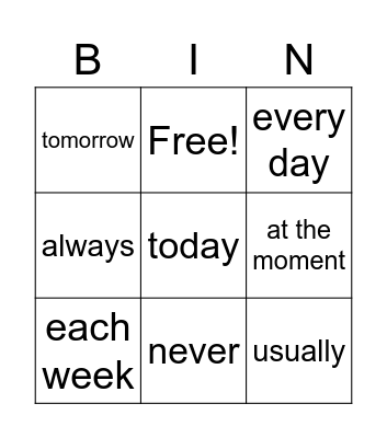 Time words Student A Bingo Card