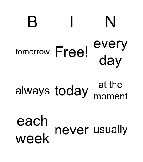 Time words Student A Bingo Card