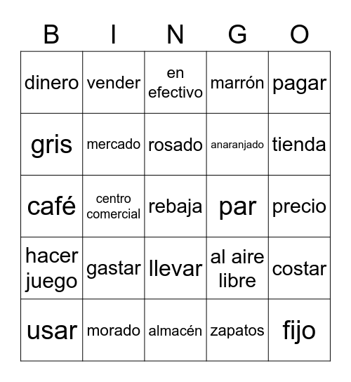 Des1 Ch 6 Shopping & Colors Bingo Card
