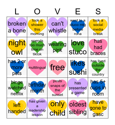Stuco Valentinte's Day Bingo Card