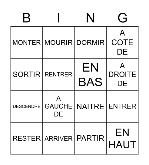 8-2 PREPOSITIONS AND VERBS Bingo Card