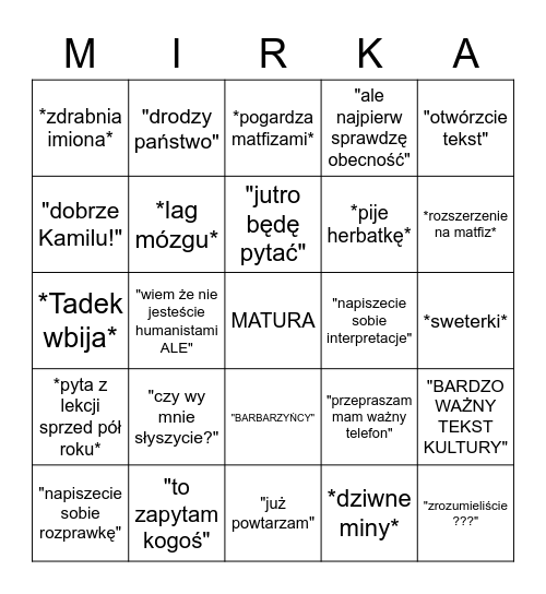 Mirka BINGO Card