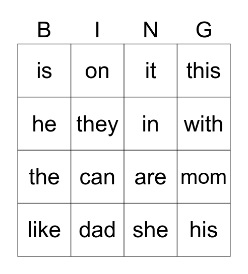sight word Bingo Card