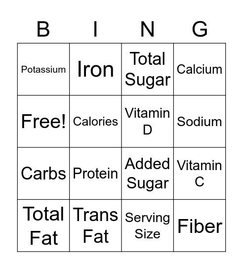 Nutrition Facts Bingo Card