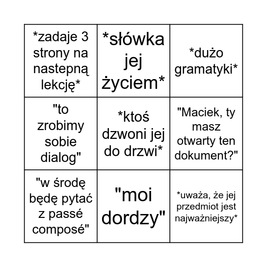Paniczek BINGO Card