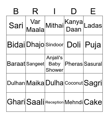 Angeli's Bridal Shower Bingo Card