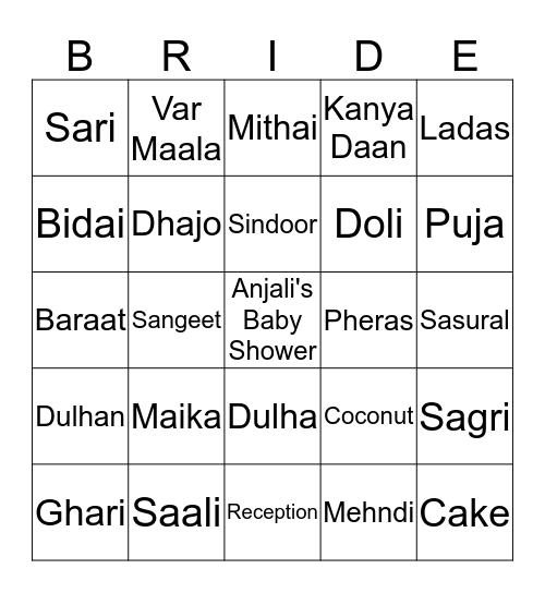 Angeli's Bridal Shower Bingo Card