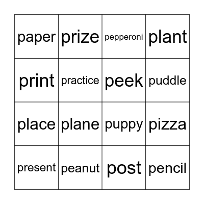 P WORDS Bingo Card