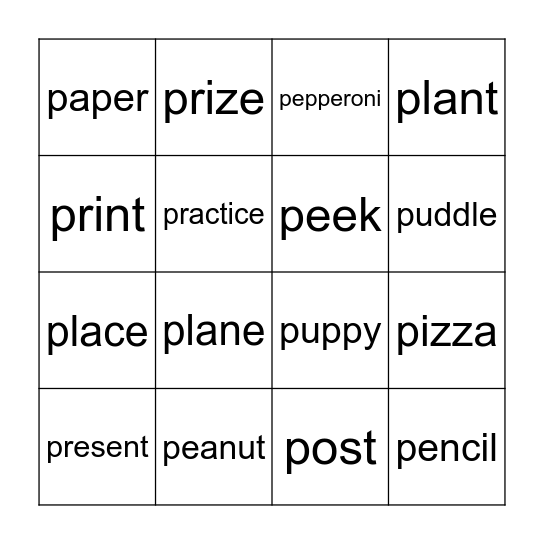 P WORDS Bingo Card