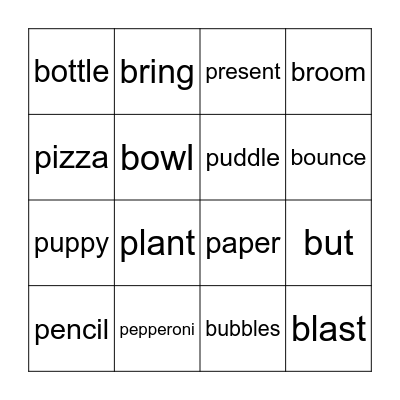 P AND B WORDS Bingo Card