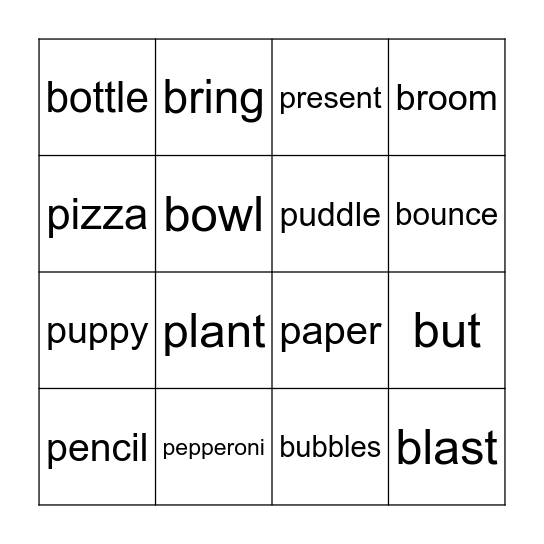 P AND B WORDS Bingo Card