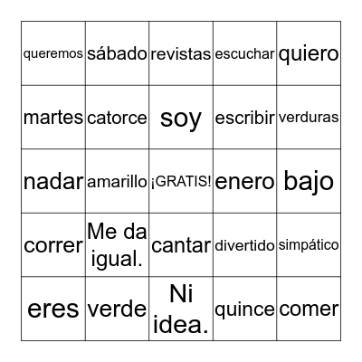 Español I Repaso Bingo Card