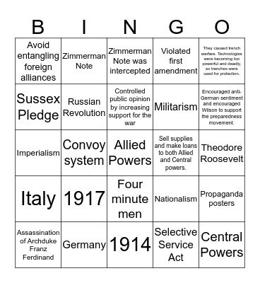 WWI Review Bingo Card