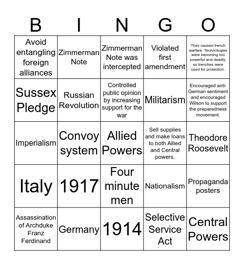 WWI Review Bingo Card