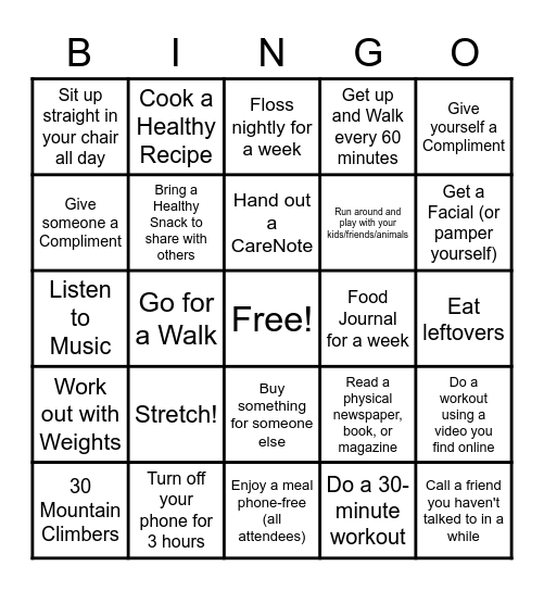 February Wellness Week #2 Bingo Card