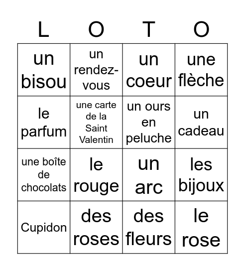 la Saint Valentin Bingo Card