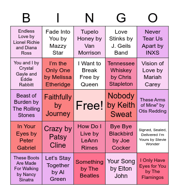 Valentines Love Songs Bingo Card