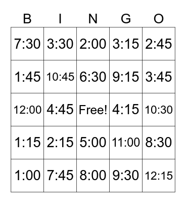 Telling Time Bingo Card