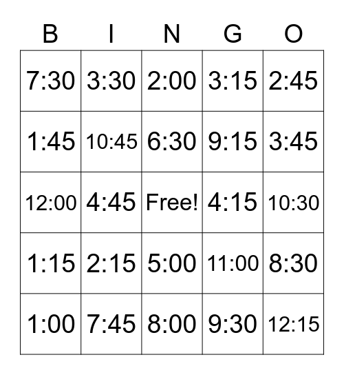 Telling Time Bingo Card