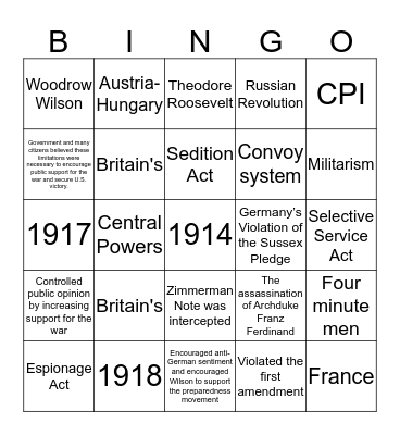 WWI Review Bingo Card