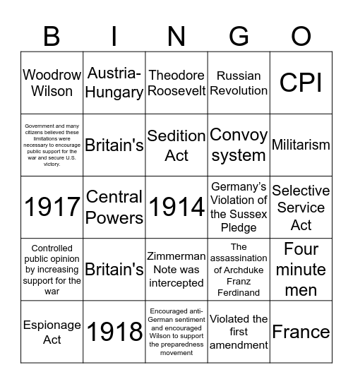 WWI Review Bingo Card