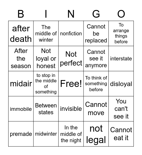 Prefix  Bingo Card