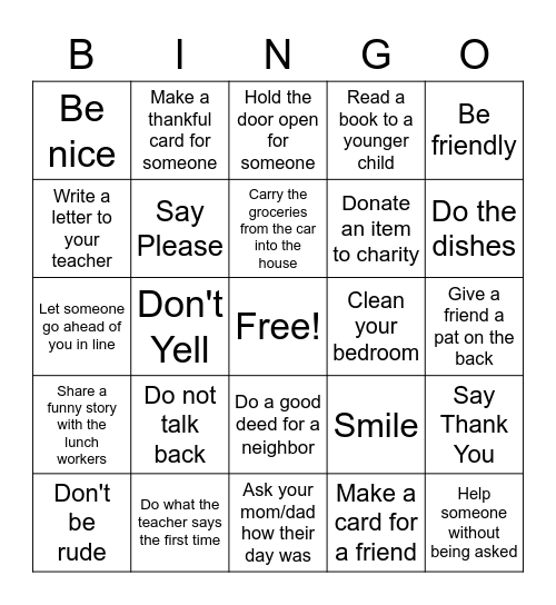 Kindness Bingo Card