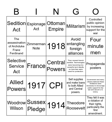 WWI Review Bingo Card
